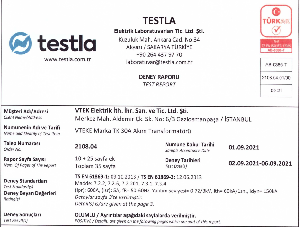 TK 30 Current Transformer Certification